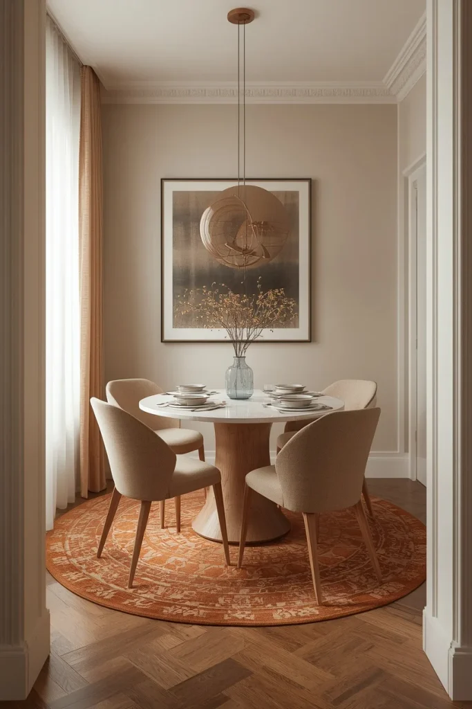 Small dining room with a natural rug under a wooden dining table