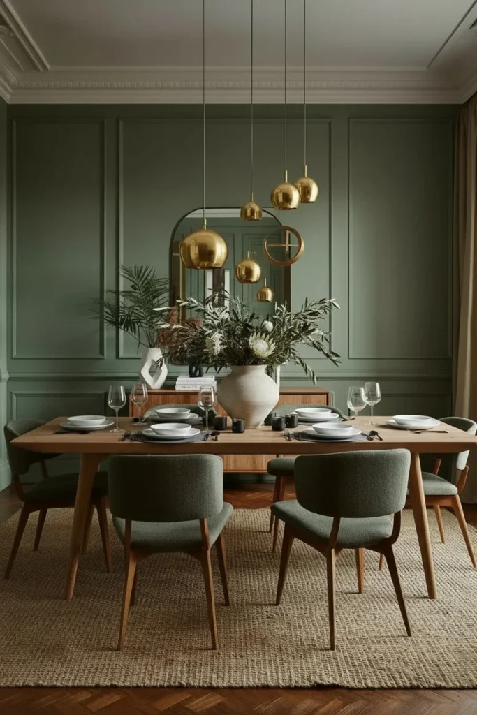 Sage green dining room with brass lighting and accents