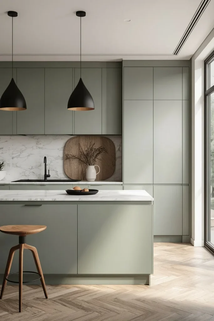 Sage green island with warm white perimeter cabinets