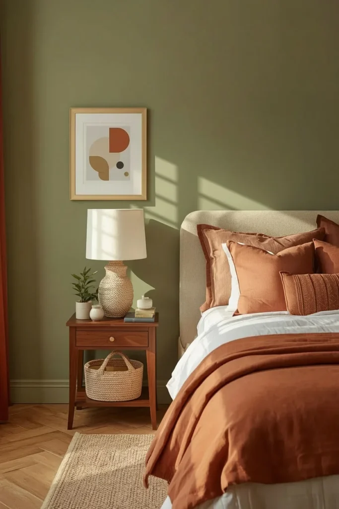 Teen girl bedroom decorated with sage green walls, terracotta accents, and earthy neutral decor