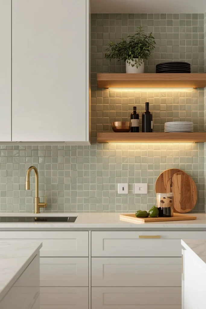 Sage green zellige backsplash with white cabinets