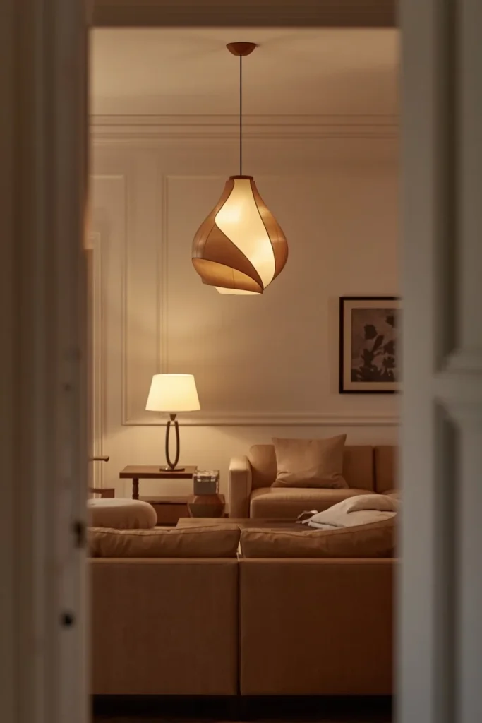 Sculptural pendant lighting in a modern farmhouse living room