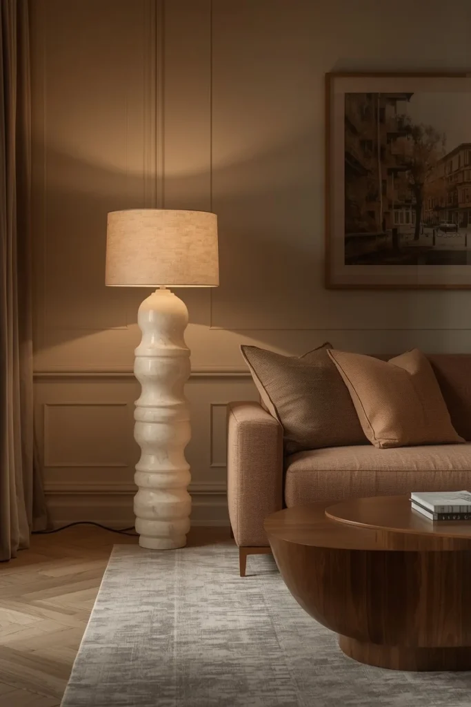 Sculptural lighting elevating warm neutral living room atmosphere.