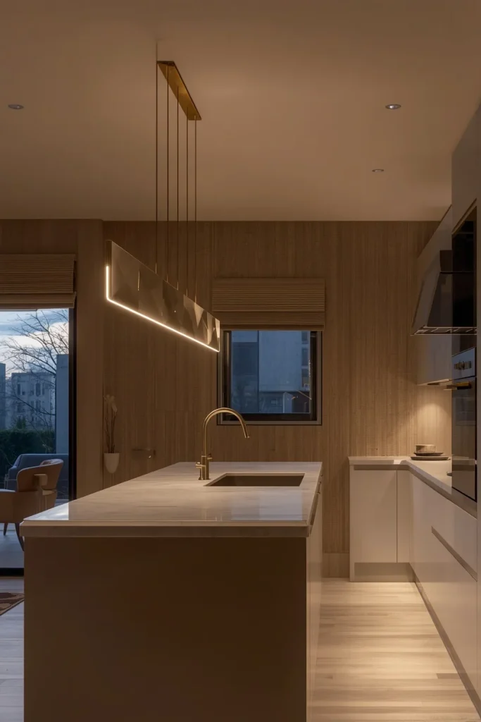 Sculptural pendant light over modern galley kitchen
