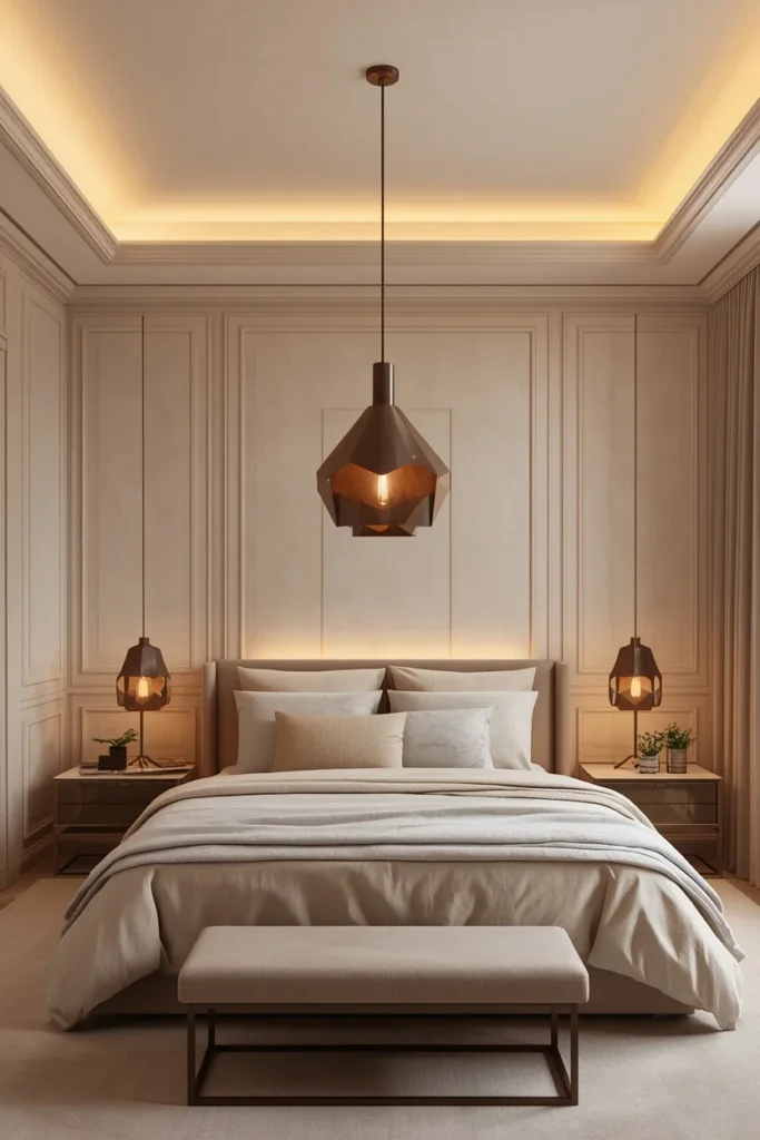 Sculptural pendant light creates a stylish bedroom focal