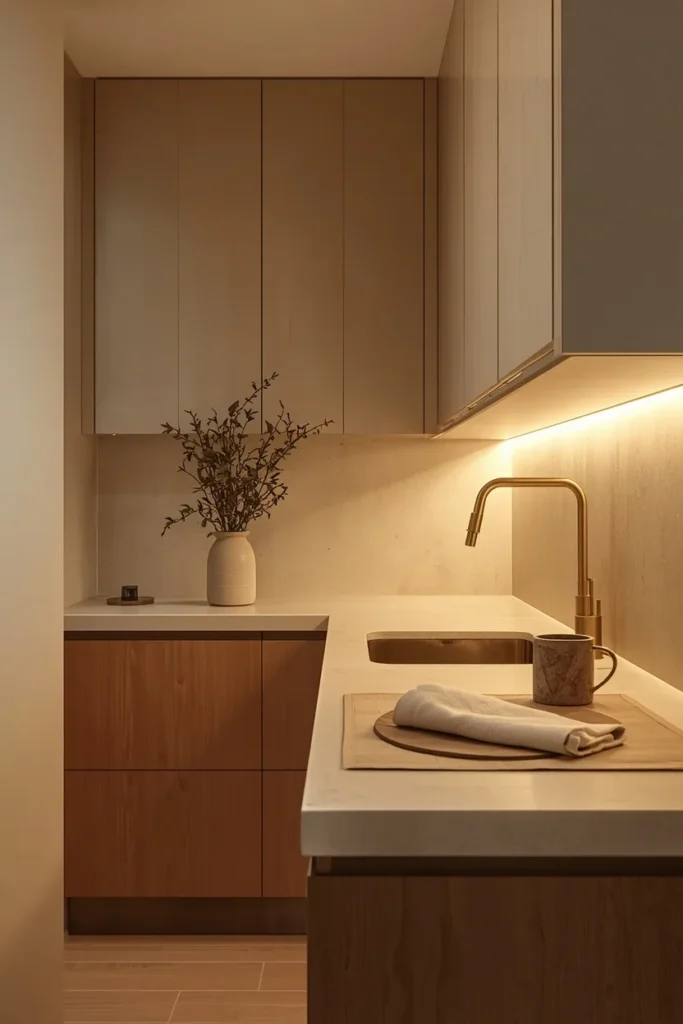 Seamless microcement backsplash with modern kitchen cabinets