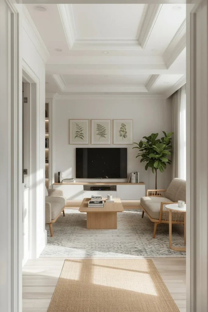 Shallow tray ceiling enhances compact living room style.