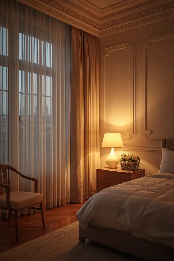 Sheer curtains allowing soft natural bedroom light inside