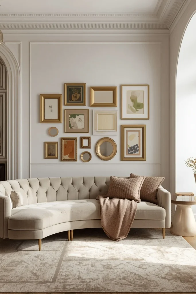 Single-tone gallery wall with matching frames in a modern living room