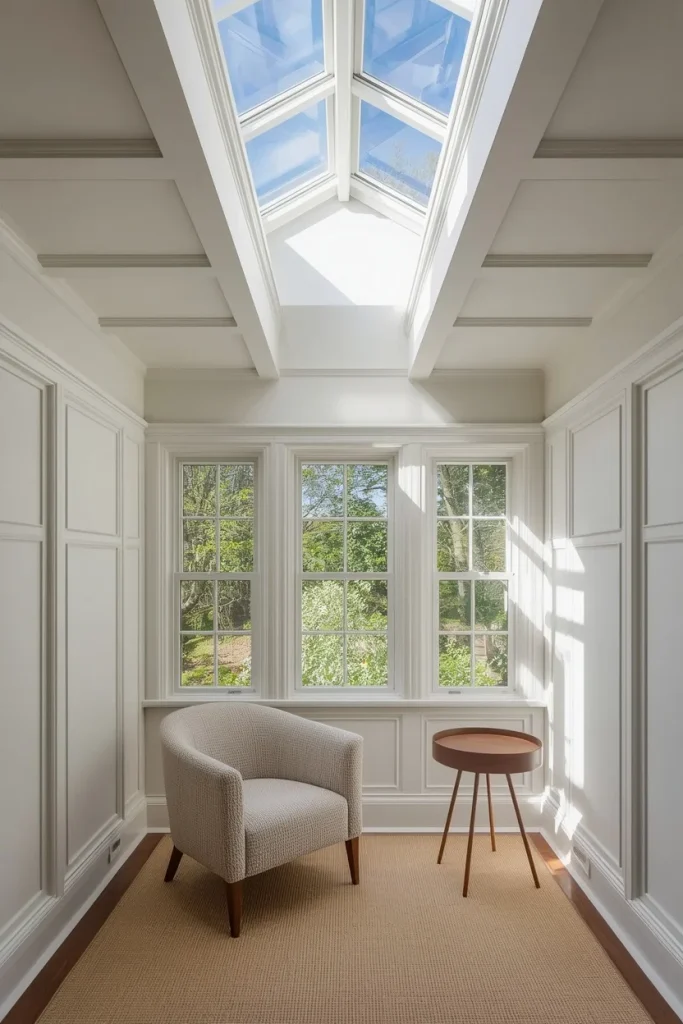 Skylight illuminating peaceful coffered reading nook ceiling
