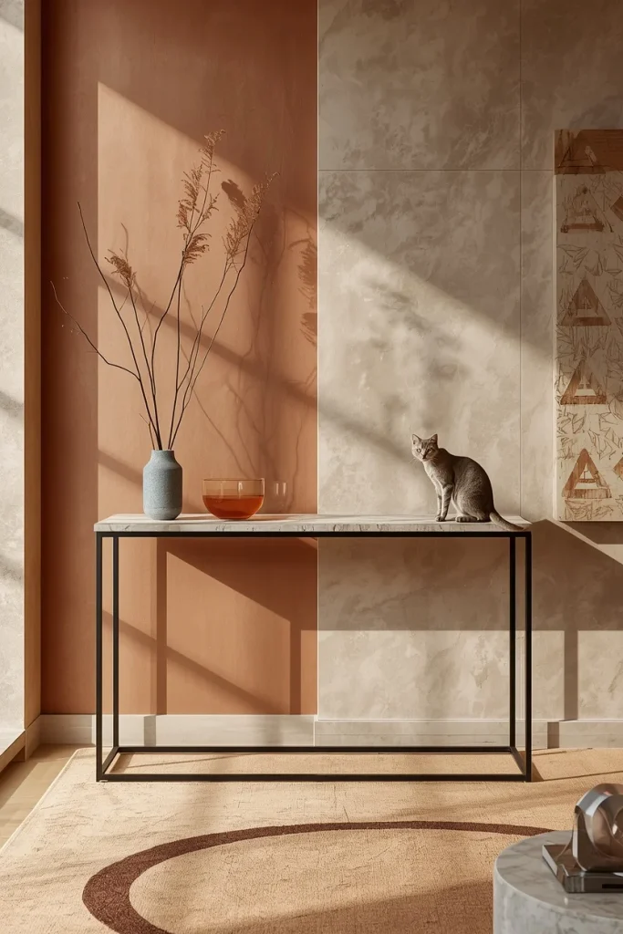 Slim console table creating open pet-friendly living space