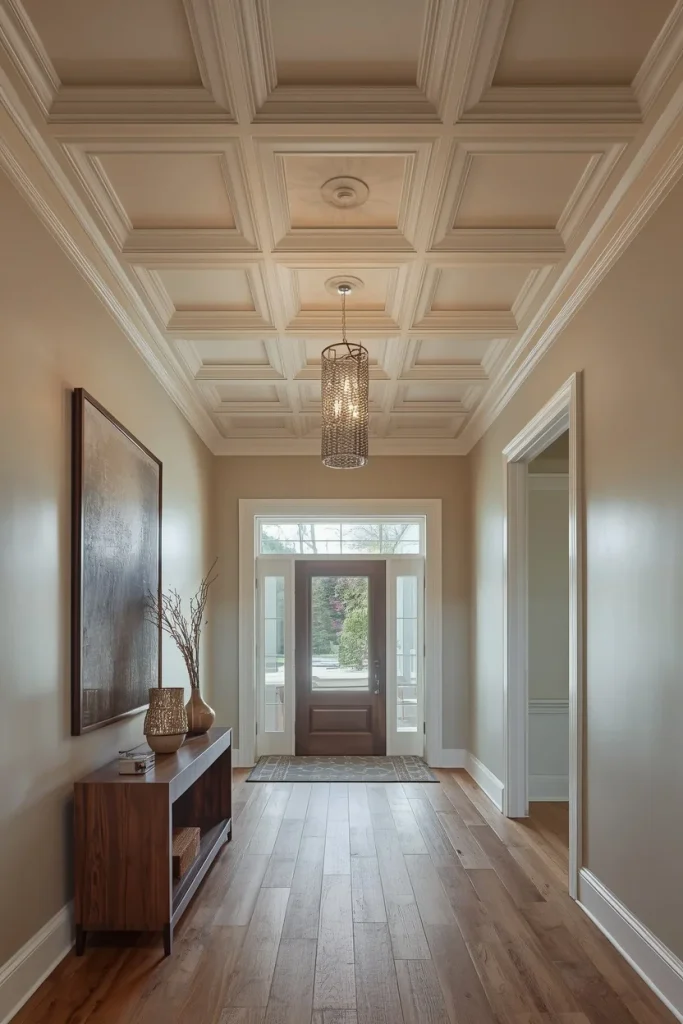 Small coffered ceiling grid in stylish entryway