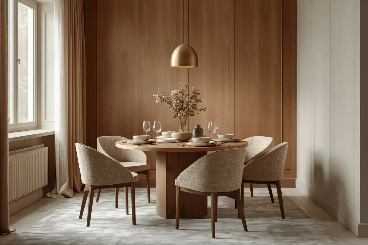 Elegant small dining room with a round wood table and cozy chairs