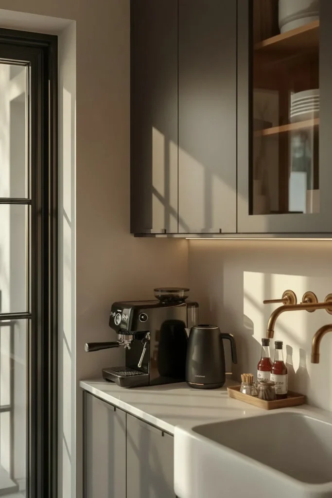 Small modern kitchen coffee corner with coffee maker, mugs, and storage