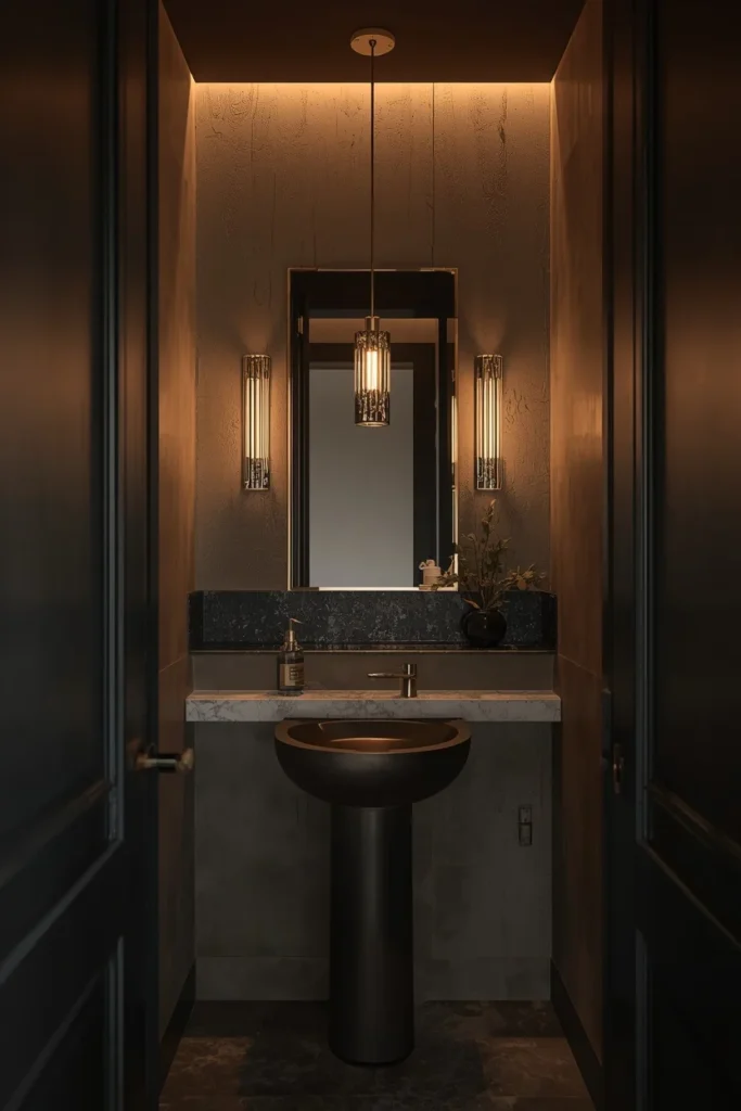 Small-scale chandelier adding refined lighting to powder room