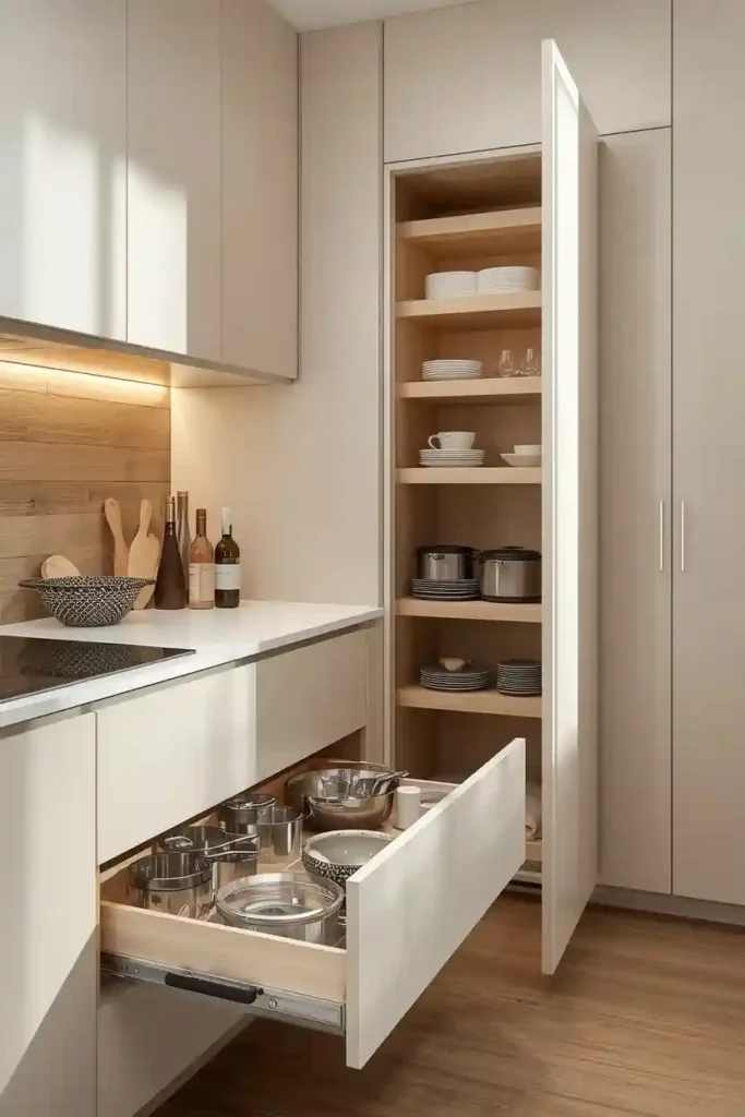 Modern kitchen with deep drawers and pull-out pantry