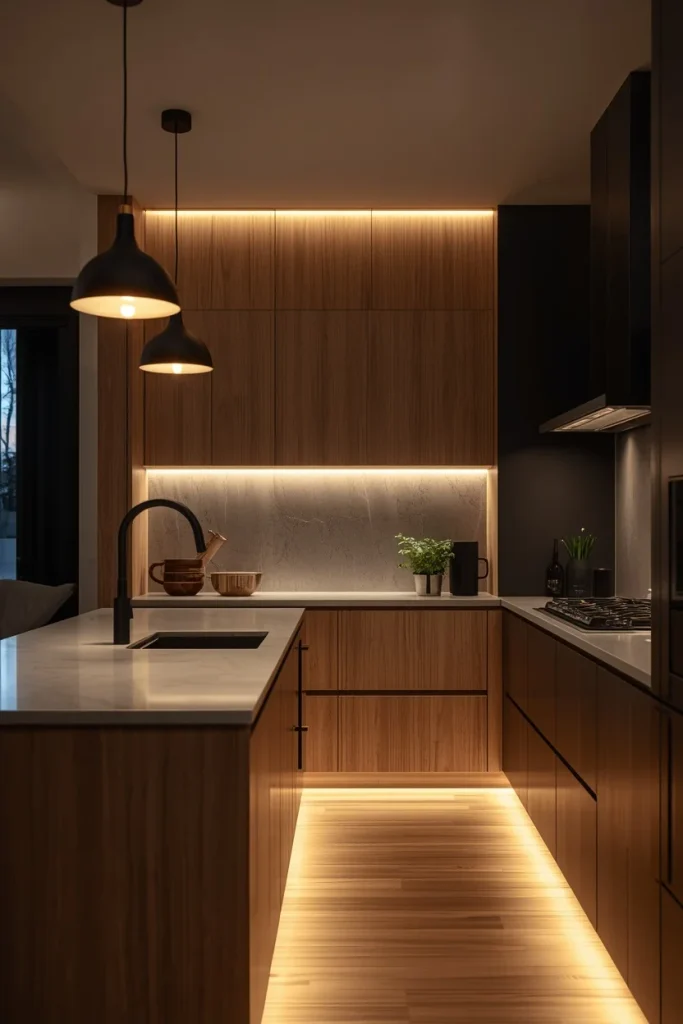 Smart lighting controls managing multiple modern kitchen lights