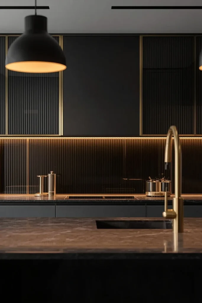 Smoked ribbed glass backsplash with brass trim