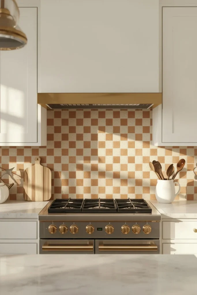Soft checkerboard backsplash in sage and cream kitchen