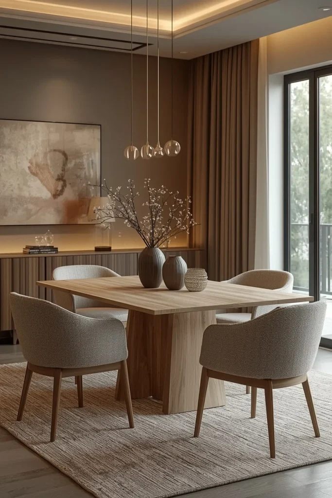 Modern dining room with soft neutral fabric dining chairs
