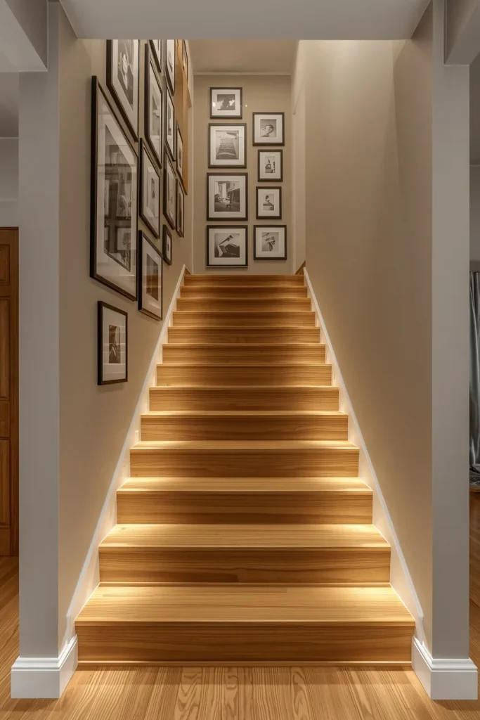 Modern staircase with framed gallery wall following each step