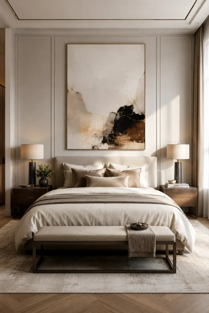 Large framed artwork displayed above a modern bedroom bed