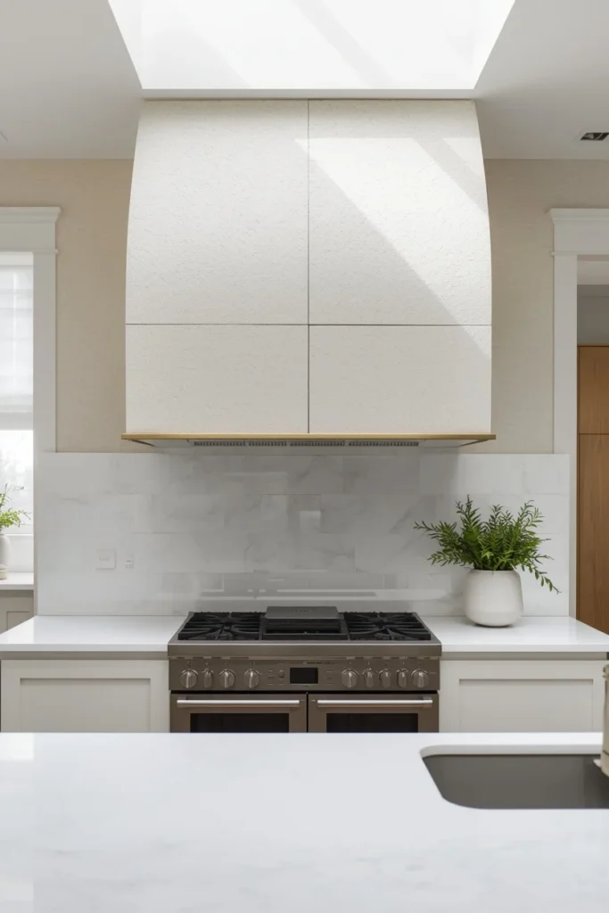 Modern kitchen with a statement curved range hood above the cooking area