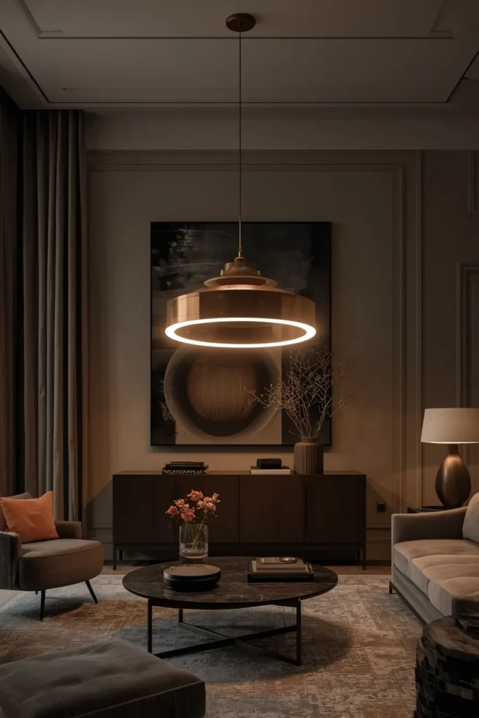 Statement lighting creating warmth in elegant living room