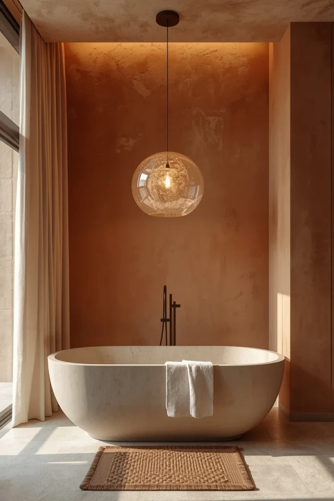 Statement pendant light hanging above a freestanding bathtub