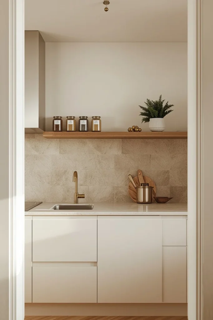 Stone slab backsplash with floating wood shelf