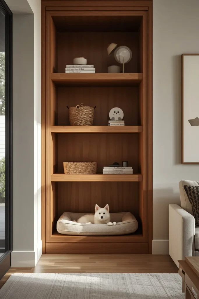 Stylish pet bed corner with woven storage basket