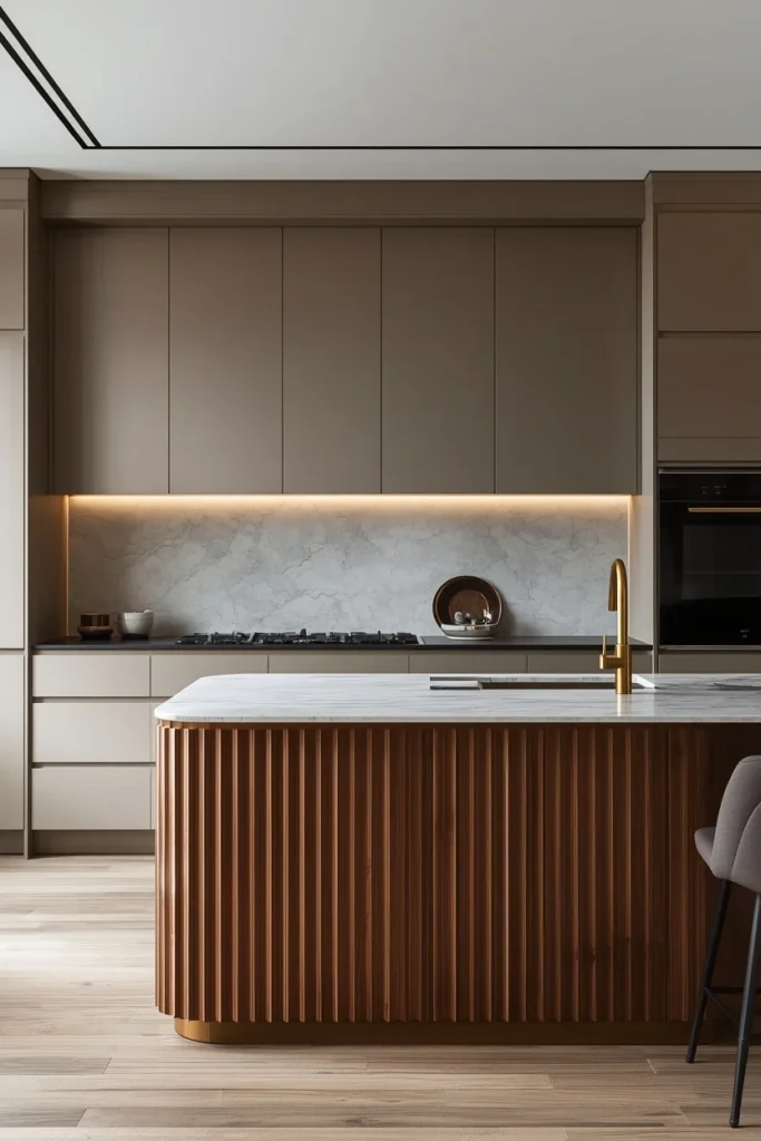 Taupe cabinets with fluted walnut kitchen island