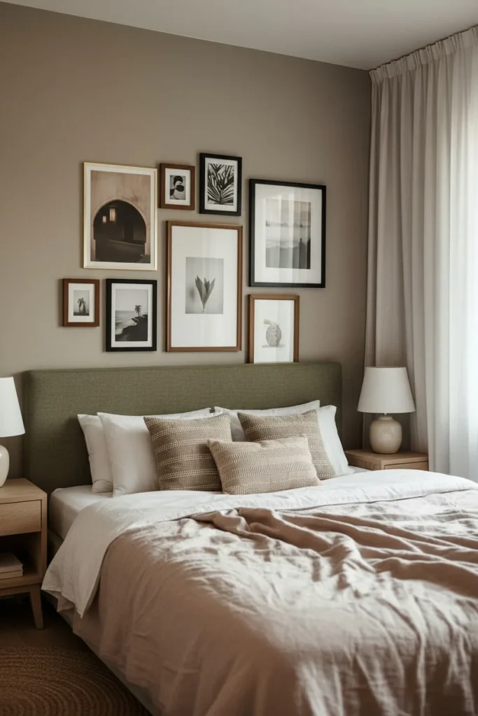 Teen girl bedroom featuring a modern gallery wall with art prints, family photos, and wood frames