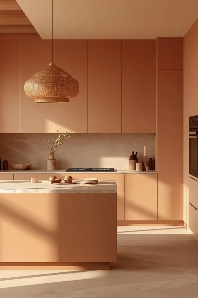 Terracotta island with sand-toned kitchen cabinetry
