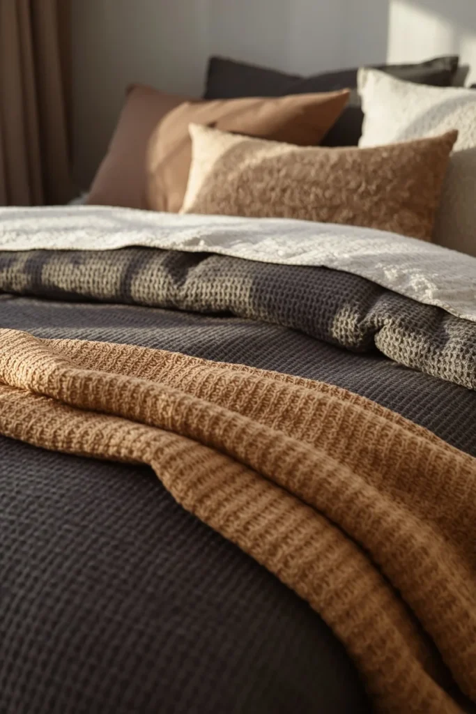 Textured bedding in muted colors for teen bedroom