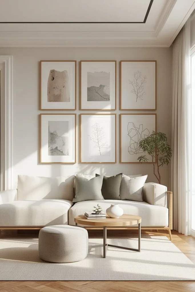 Textured art and line drawings on a soft gallery wall in a living room