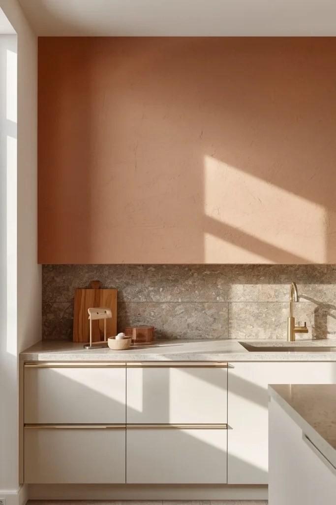 Modern kitchen with a warm textured limewash wall above the backsplash