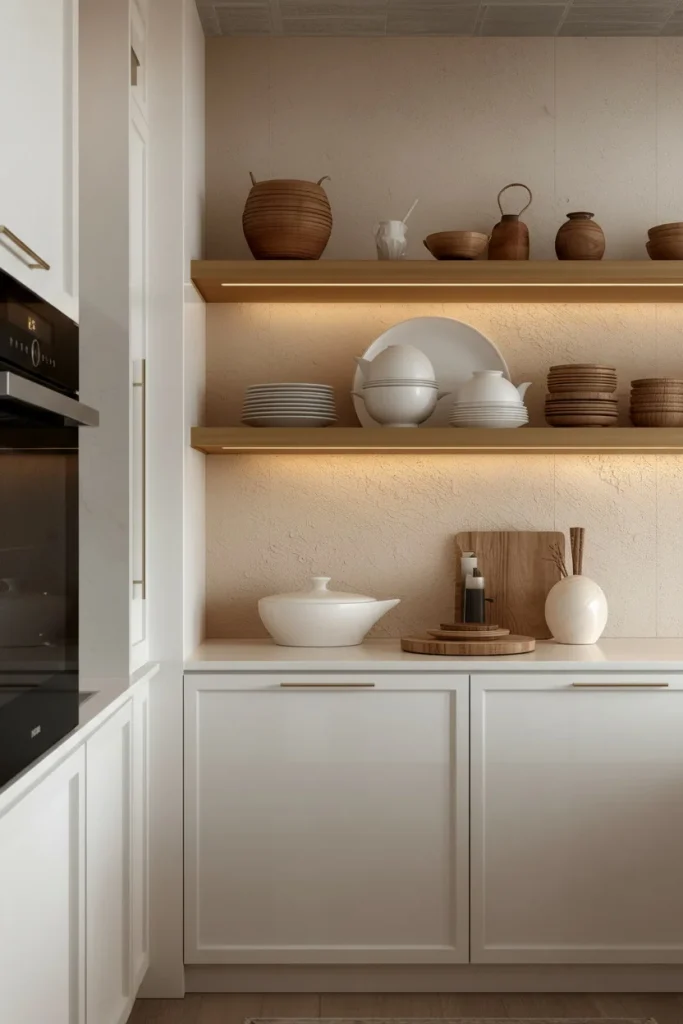 Textured plaster backsplash with white kitchen cabinets