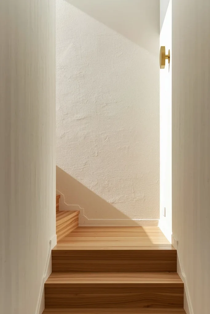 Modern staircase beside textured limewash wall and oak steps