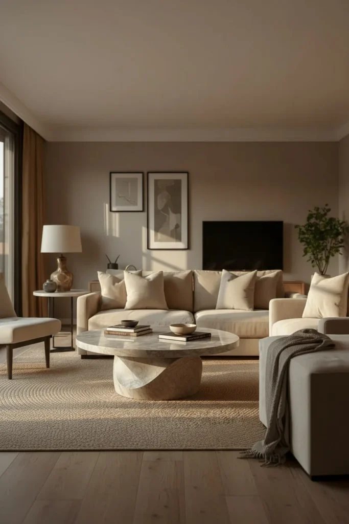 Sculptural travertine coffee table in a farmhouse living room