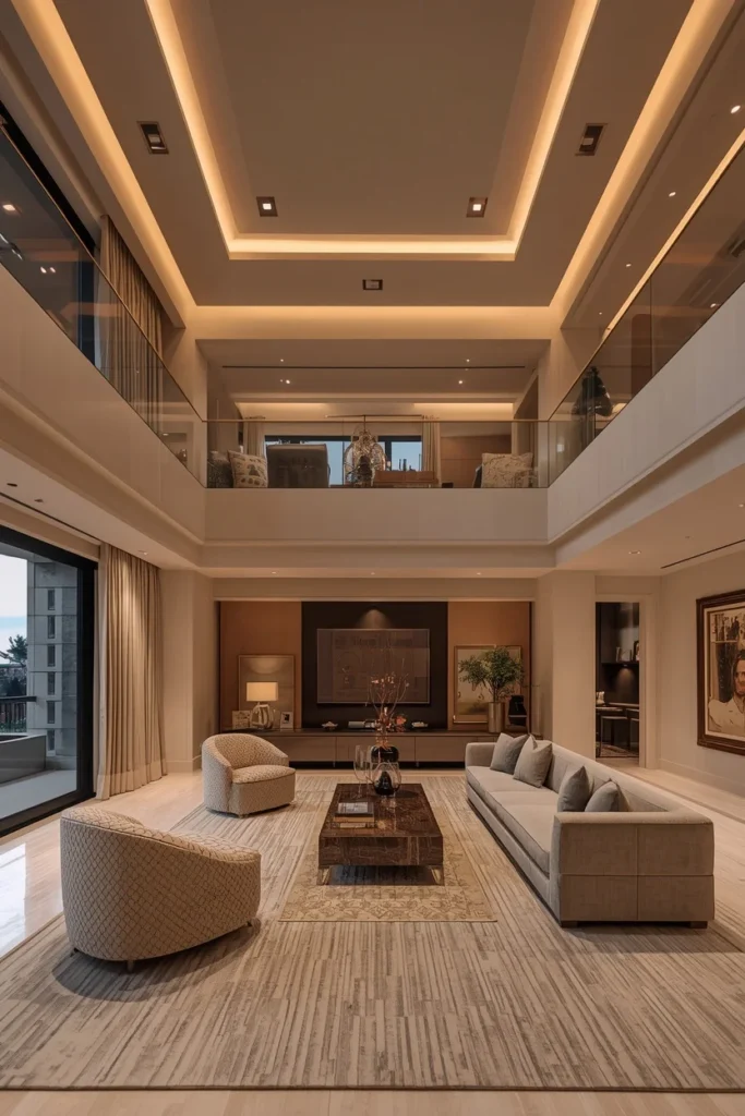 Two-step tray ceiling illuminated by hidden LED lighting.