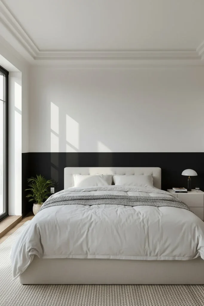Modern bedroom with a two-tone wall featuring black on the lower section and white above