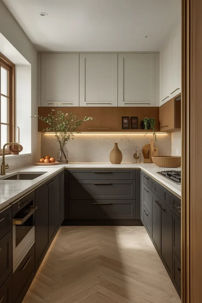 Stylish two-tone cabinets in modern galley kitchen