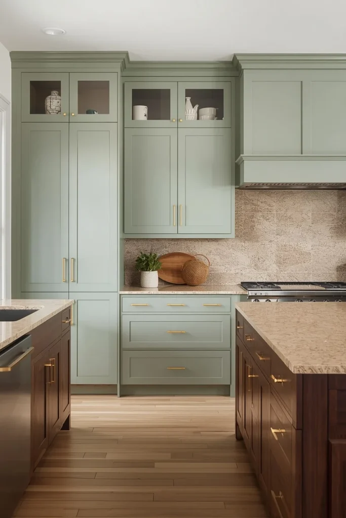 Two-tone modern kitchen with warm white cabinets and dark wood lower cabinets