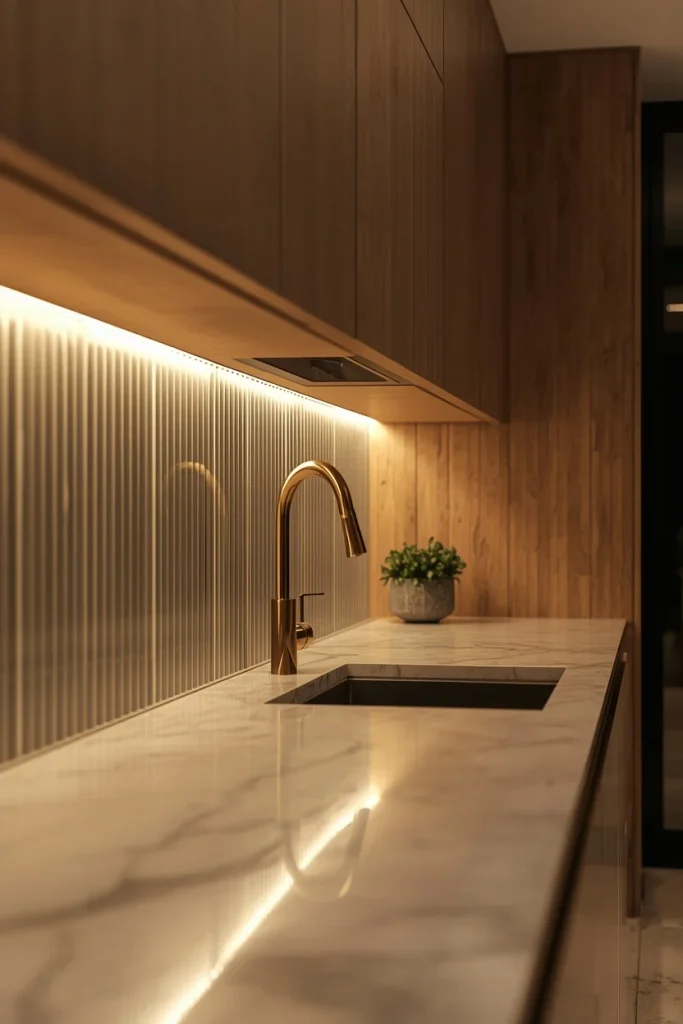 Warm LED under-cabinet lights illuminating kitchen countertops