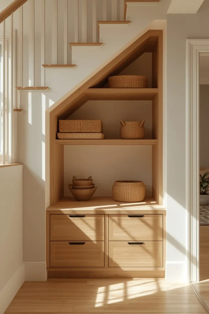 Stylish built-in storage nook designed beneath modern staircase