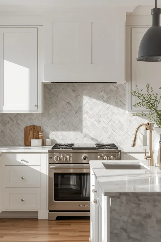Vertical herringbone marble backsplash with white cabinets