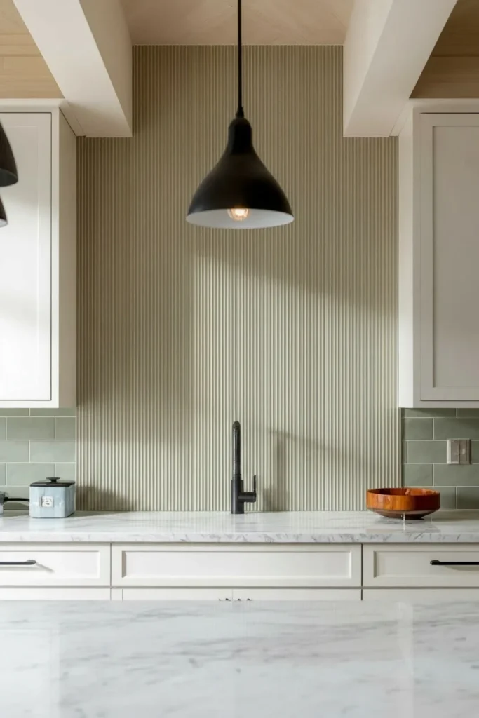 Vertical stacked subway tile backsplash in modern kitchen