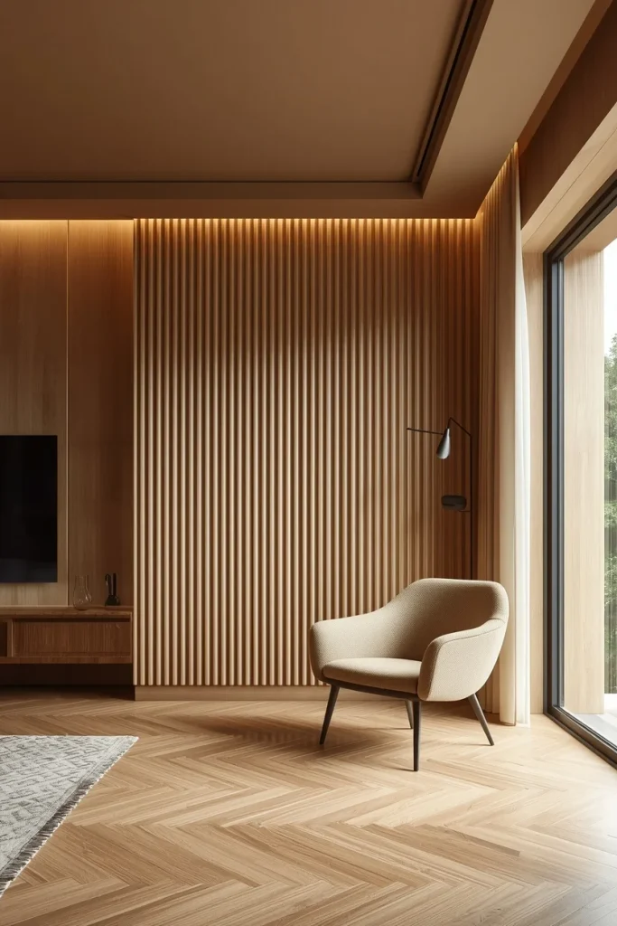 Vertical wood wall panels extending toward the ceiling