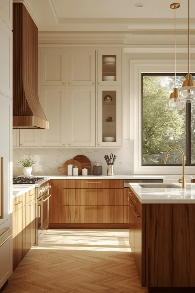 Warm walnut lowers with soft white kitchen cabinets